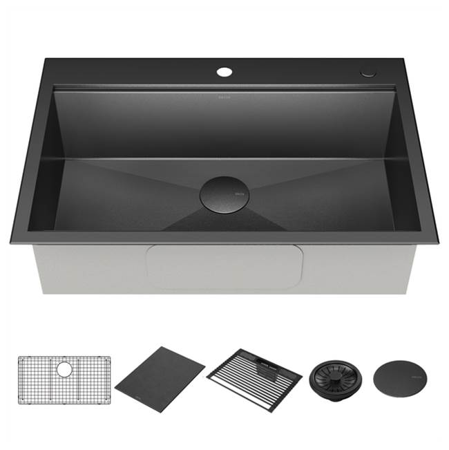 Delta Faucet Delta® Rivet™ 33'' Workstation Kitchen Sink Drop-In Top Mount 16 Gauge Stainless Steel Single Bowl in PVD Gunmetal Finish with WorkFlow™ Ledge and Accessories