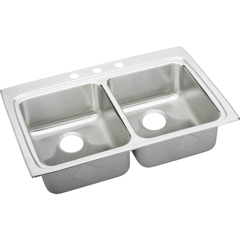 Elkay Lustertone Classic Stainless Steel 33'' x 22'' x 6-1/2'', 3-Hole Equal Double Bowl Drop-in ADA Sink with Quick-clip