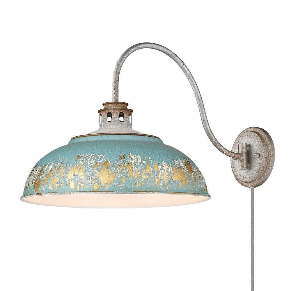 Golden Lighting Kinsley 1 Light Articulating Wall Sconce in Aged Galvanized Steel with Antique Teal Shade Shade