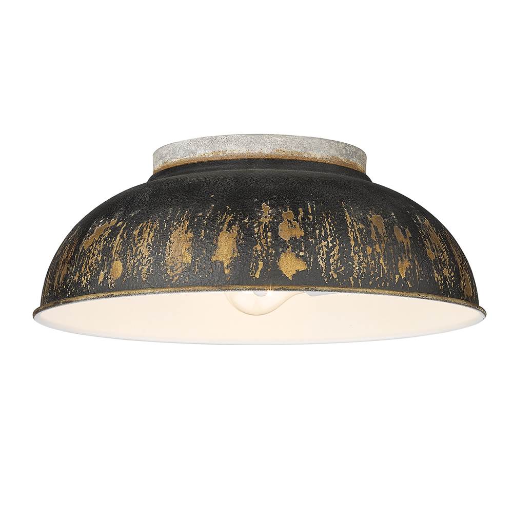 Golden Lighting Kinsley Flush Mount in Aged Galvanized Steel with Antique Black Iron Shade Shade