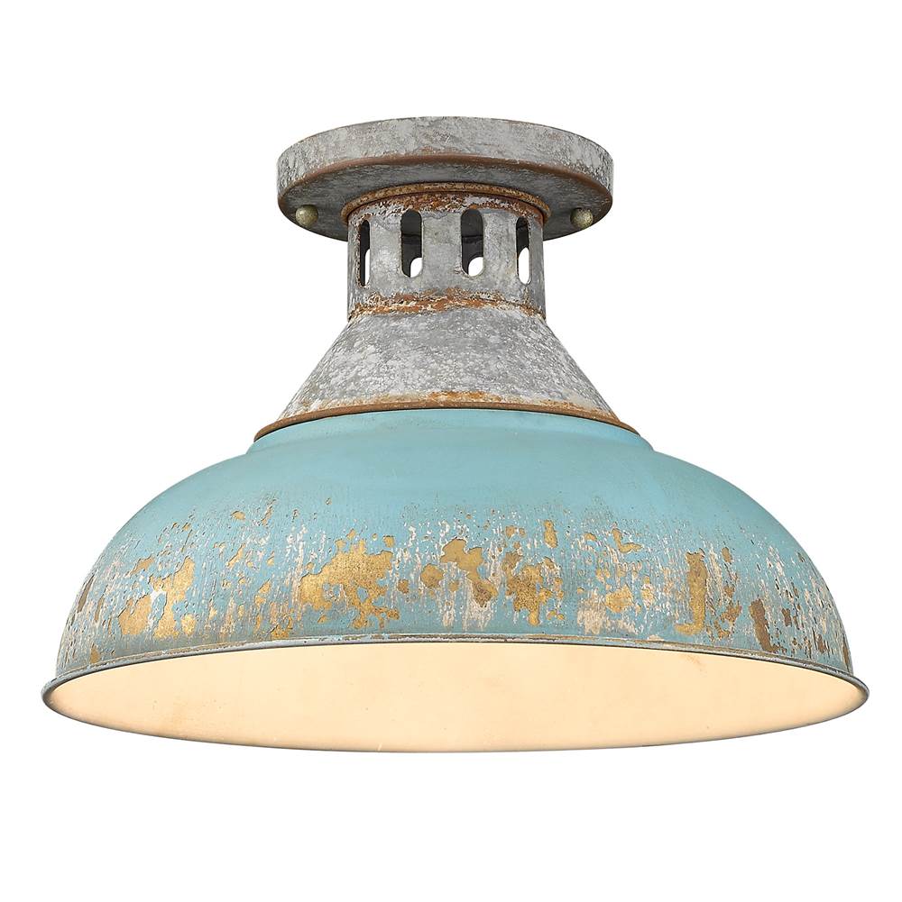 Golden Lighting Kinsley Semi-Flush in Aged Galvanized Steel with Teal Shade