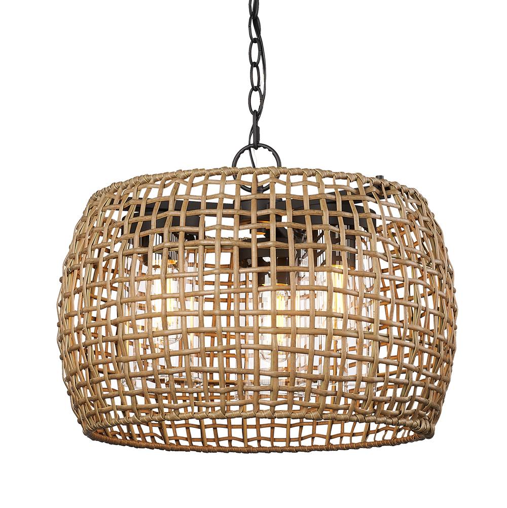 Golden Lighting Piper 3 Light Pendant - Outdoor in Natural Black with Maple All-Weather Wicker Shade