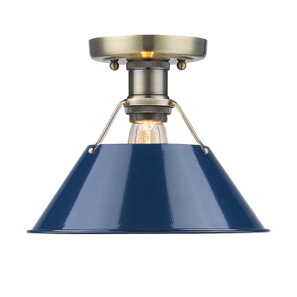 Golden Lighting Orwell AB Flush Mount in Aged Brass with Navy Blue Shade