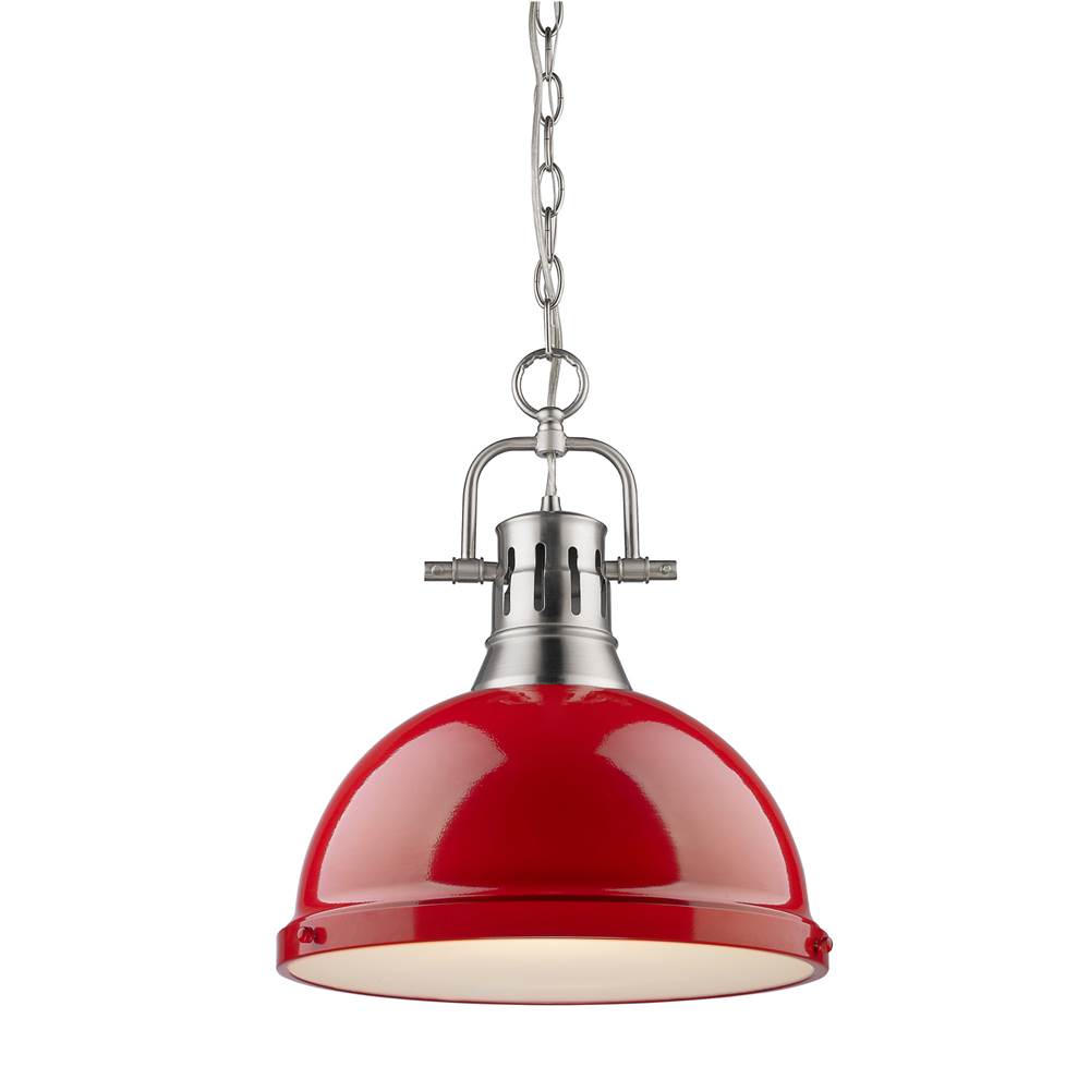 Golden Lighting Duncan 1 Light Pendant with Chain in Pewter with a Red Shade