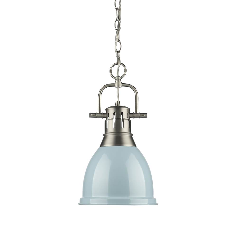 Golden Lighting Duncan Small Pendant with Chain in Pewter with a Seafoam Shade