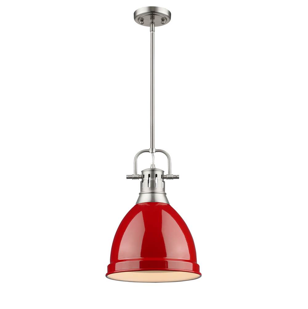 Golden Lighting Duncan Small Pendant with Rod in Pewter with a Red Shade