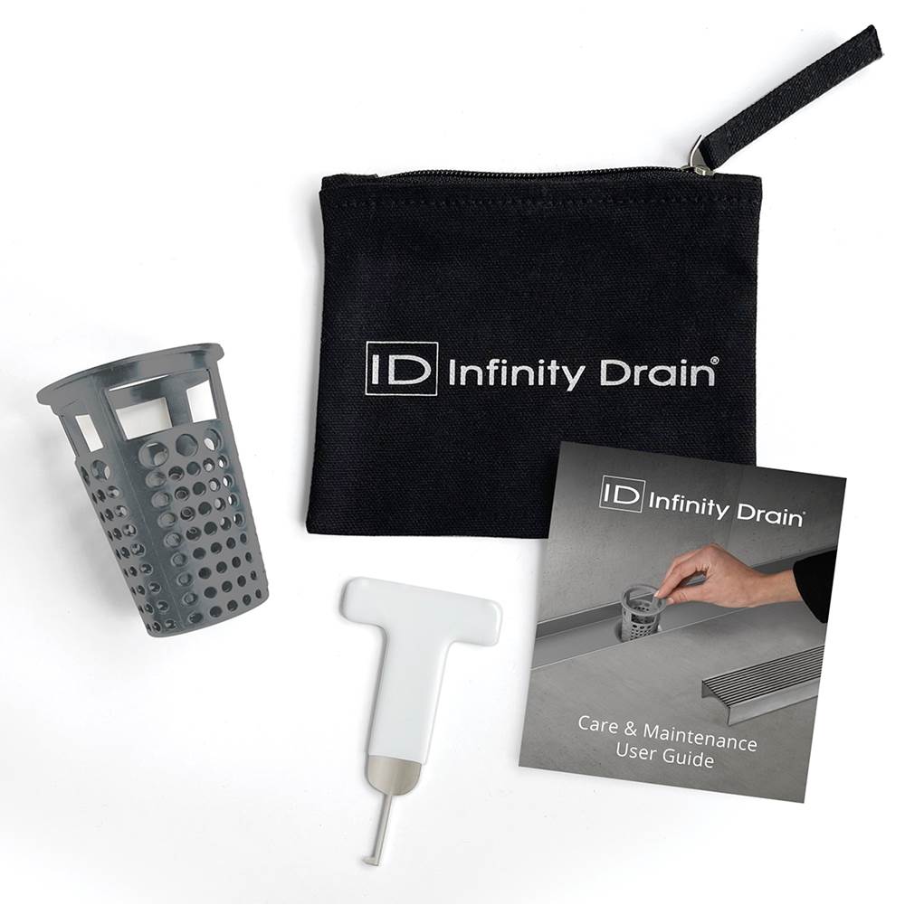 Infinity Drain Hair Maintenance Kit. Includes maintenance guide, WKEY Lift-out key, and HB 65 Hair Basket.