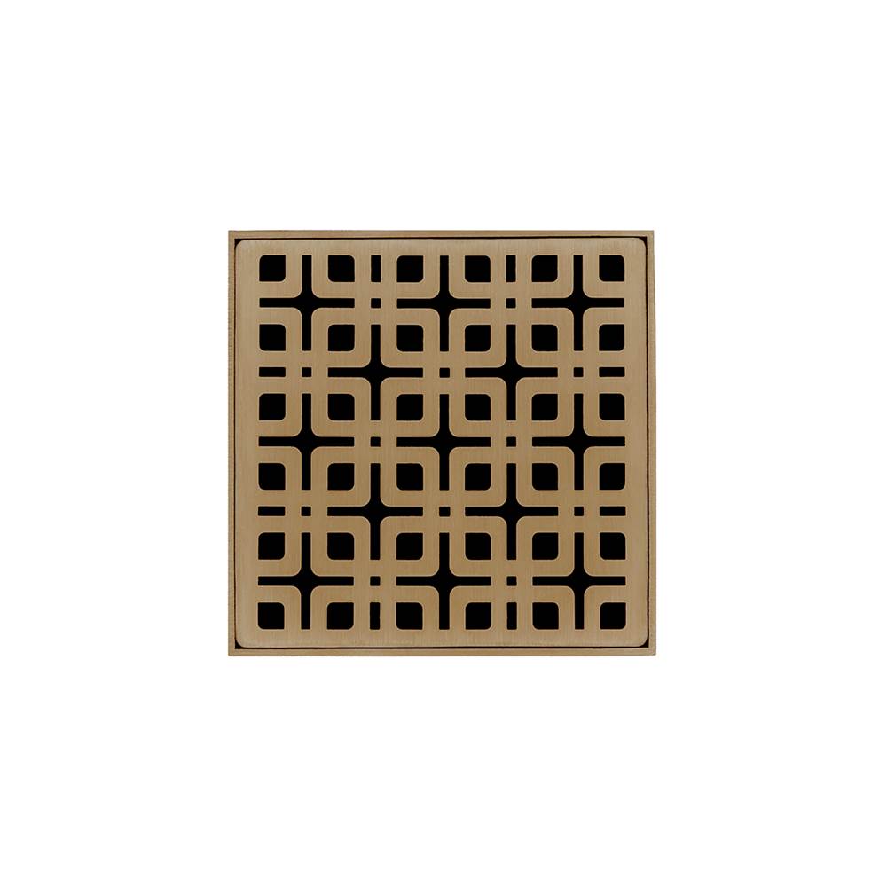 Infinity Drain 4'' x 4'' KD 4 Complete Kit with Link Pattern Decorative Plate in Satin Bronze with Cast Iron Drain Body, 2'' Outlet