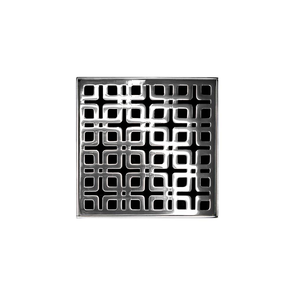 Infinity Drain 4'' x 4'' KDB 4 Complete Kit with Link Pattern Decorative Plate in Polished Stainless with PVC Bonded Flange Drain Body, 2'', 3'' and 4'' Outlet