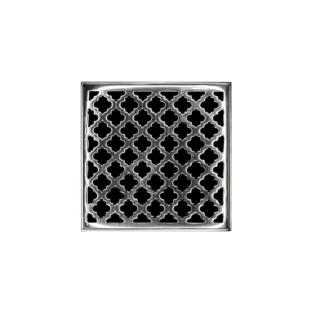 Infinity Drain 5'' x 5'' MD 5 Complete Kit with Moor Pattern Decorative Plate in Polished Stainless with PVC Drain Body, 2'' Outlet