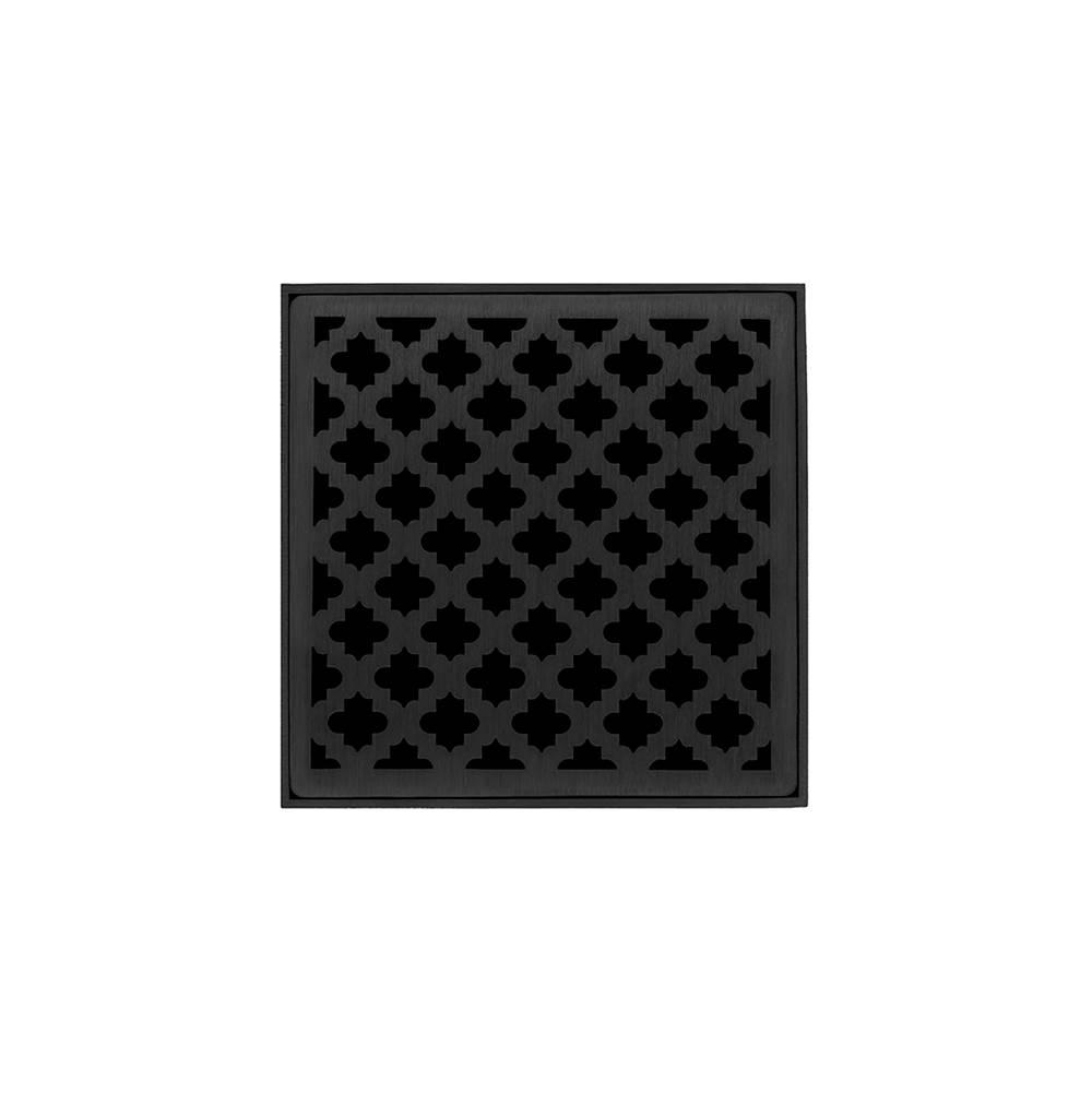 Infinity Drain 5'' x 5'' MDB 5 Complete Kit with Moor Pattern Decorative Plate in Matte Black with PVC Bonded Flange Drain Body, 2'', 3'' and 4'' Outlet
