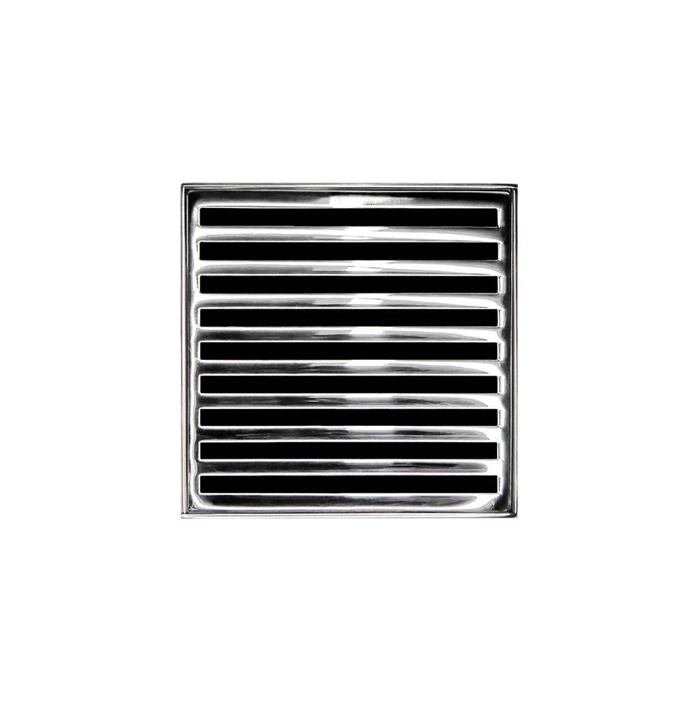 Infinity Drain 4'' x 4'' ND 4 Complete Kit with Lines Pattern Decorative Plate in Polished Stainless with Cast Iron Drain Body, 2'' Outlet
