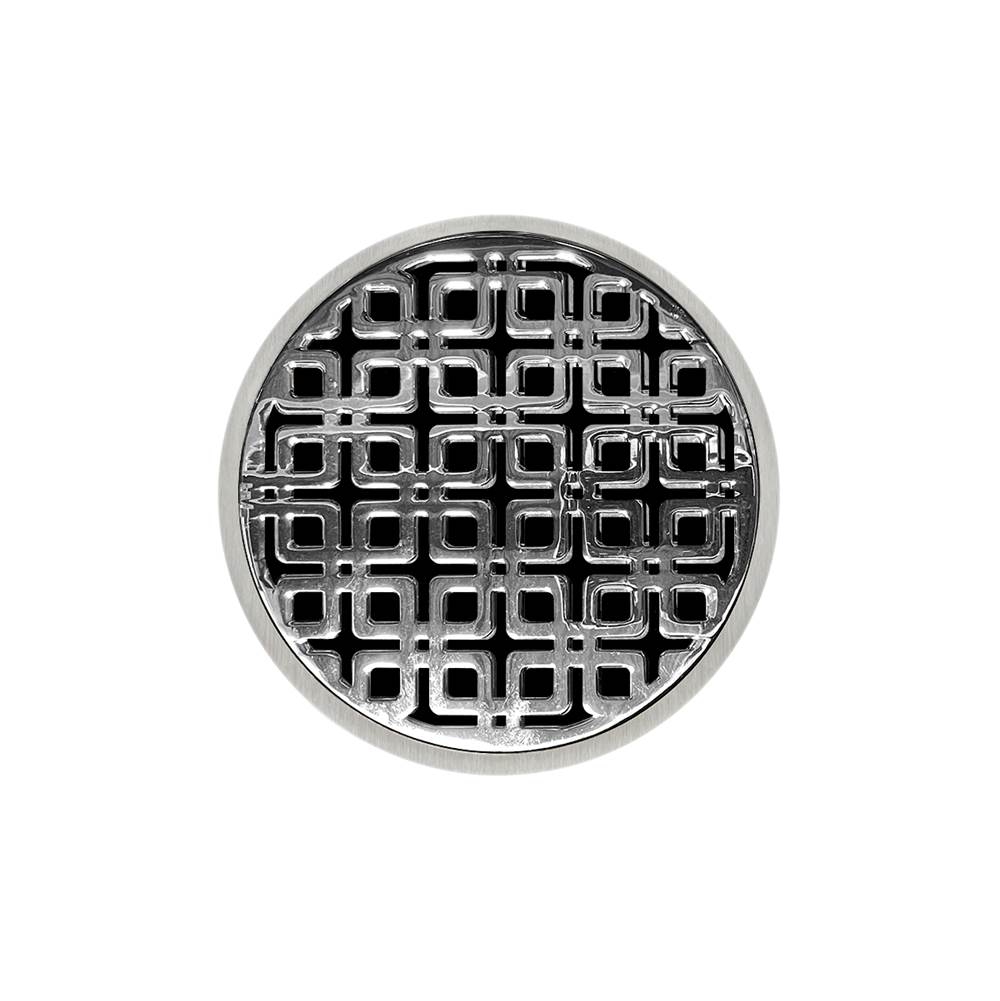 Infinity Drain 5'' Round RKD 5 High Flow Complete Kit with Link Pattern Decorative Plate in Polished Stainless with Cast Iron Drain Body, 3'' No-Hub Outlet