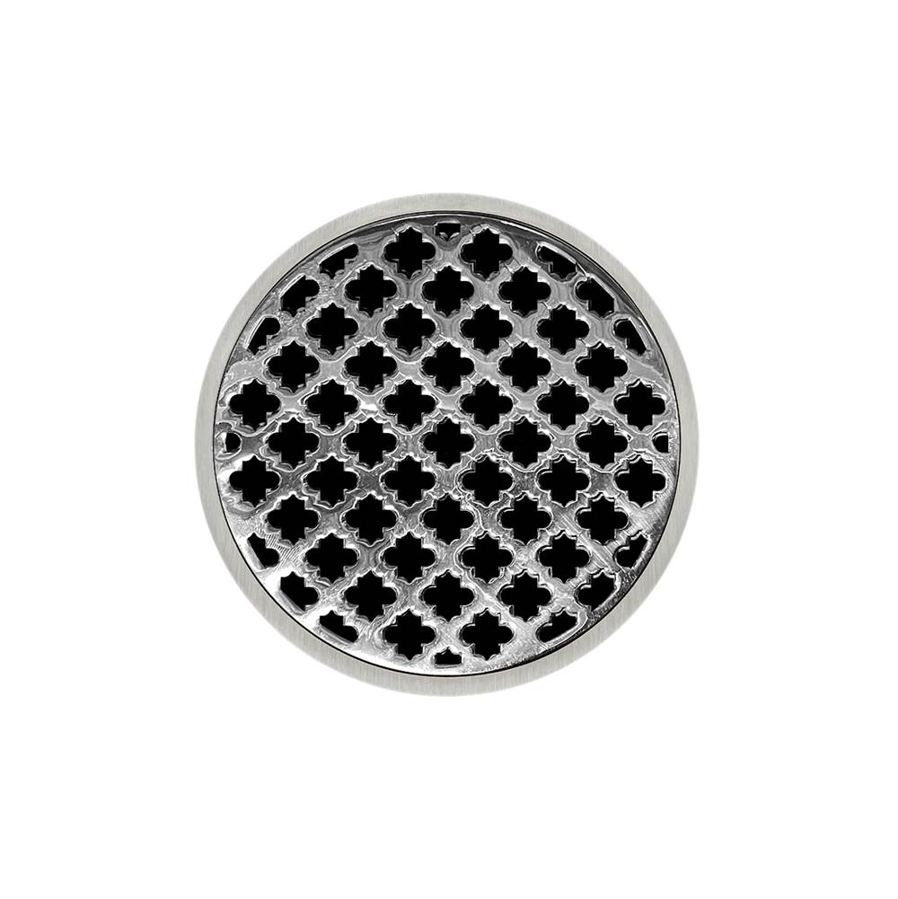 Infinity Drain 5'' Round RMDB 5 Complete Kit with Moor Pattern Decorative Plate in Polished Stainless with PVC Bonded Flange Drain Body, 2'', 3'' and 4'' Outlet