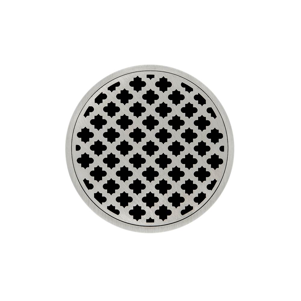 Infinity Drain 5'' Round RMDB 5 Complete Kit with Moor Pattern Decorative Plate in Satin Stainless with PVC Bonded Flange Drain Body, 2'', 3'' and 4'' Outlet