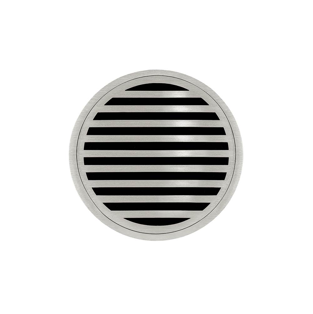 Infinity Drain 5'' Round RND 5 High Flow Complete Kit with Lines Pattern Decorative Plate in Satin Stainless with Cast Iron Drain Body, 3'' No-Hub Outlet