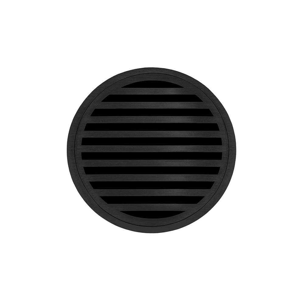 Infinity Drain 5'' Round RNDB 5 Complete Kit with Lines Pattern Decorative Plate in Matte Black with PVC Bonded Flange Drain Body, 2'', 3'' and 4'' Outlet