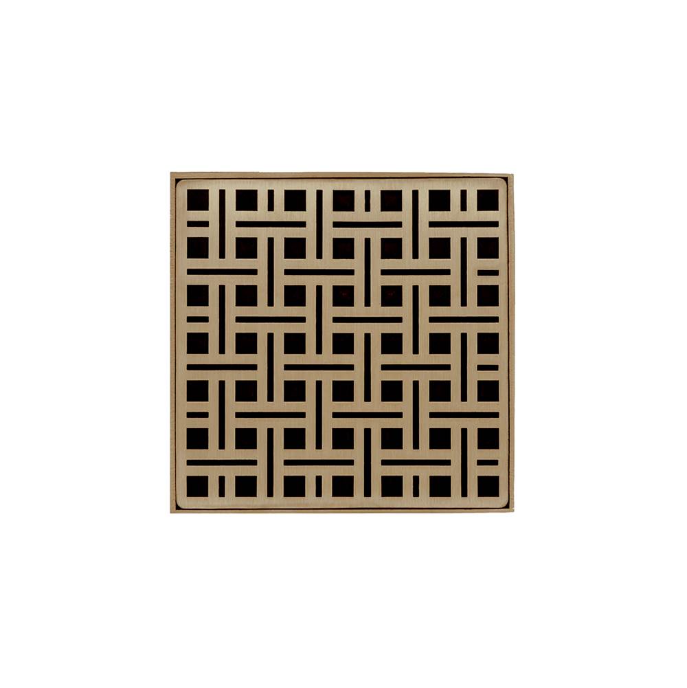 Infinity Drain 5'' x 5'' VDB 5 Complete Kit with Weave Pattern Decorative Plate in Satin Bronze with PVC Bonded Flange Drain Body, 2'', 3'' and 4'' Outlet