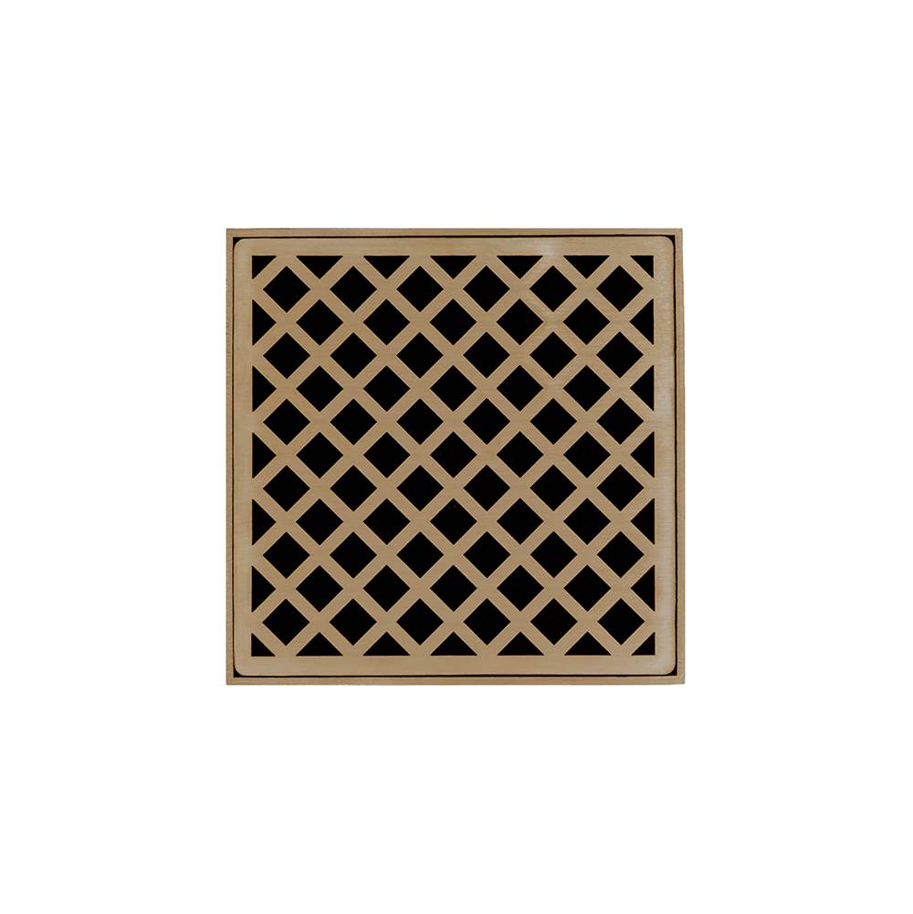 Infinity Drain 5'' x 5'' XDB 5 Complete Kit with Criss-Cross Pattern Decorative Plate in Satin Bronze with PVC Bonded Flange Drain Body, 2'', 3'' and 4'' Outlet