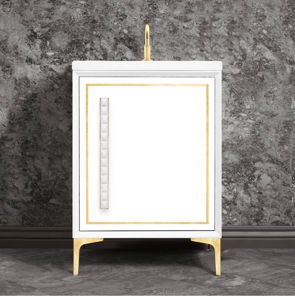 Linkasink LINEA with 18'' Artisan Glass Pyramid Hardware 24'' Wide Vanity, White, Satin Brass Hardware, 24'' x 22'' x 33.5'' (without vanity top)
