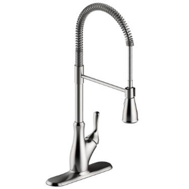 OmniPro Single Handle Ss Industrial Spring Neck Faucet, Ceramic Cartridge, Integrated Supply Lines, 1 Or 3 Hole, Deck Plate Included